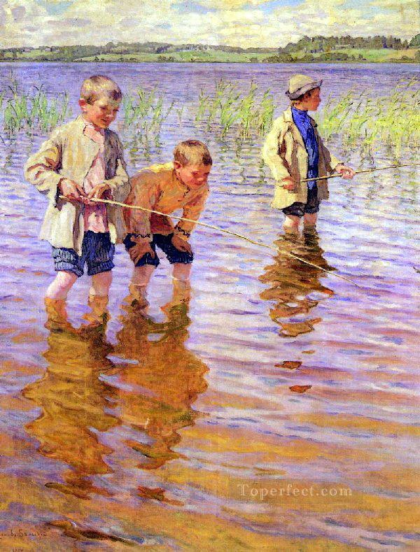 an afternoon fishing Nikolay Bogdanov Belsky kids child impressionism Oil Paintings